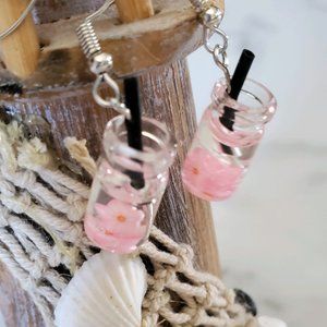 Clear Drink with pink slices Dangle Earrings